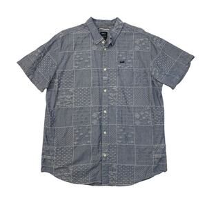RVCA Shirt Mens XXL Blue Grey Cotton Slim Fit Patchwork Textured Button Up